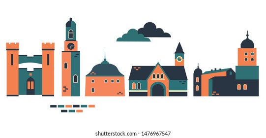 Flat style vector illustration/icon of  Vyborg's architecture. 