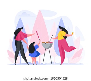 Flat style of vector image with happy women and little girl sharing grilled sausages and drinks while having picnic in nature