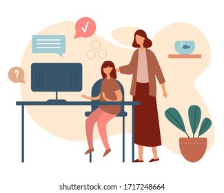 Flat style of vector image of woman helping daughter with home schooling while using computer at desk studying remotely on white background