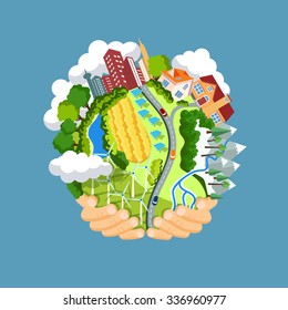 Flat style vector isolated illustration.. Earth day concept. Human hands holding floating globe in space. Save our planet. Solar, renewable energy