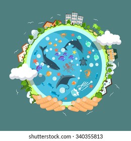 Flat style vector isolated illustration.. Earth day concept. Human hands holding floating globe in space. Save our planet. Solar, renewable energy