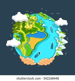 Flat style vector isolated illustration.. Earth day concept. Human hands holding floating globe in space. Save our planet. Solar, renewable energy. Clean ecology of our planet with no pollution.