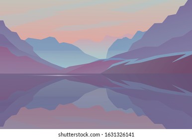 Flat style vector landscape. Mountains and lake in the morning, Eps 10 illustration. Tourism, travel design. Minimalistic design for wallpaper, banner