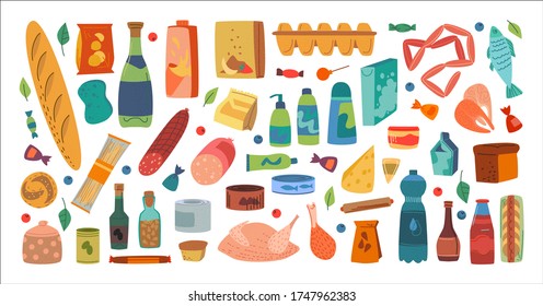 Flat style of vector layout with different products and ingredients of supermarket with food and first necessity supplies on white background