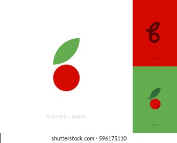 Flat style vector logo template or icon of letter b and red berry with leaf