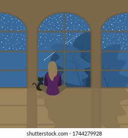 Flat style vector of a long haired woman sitting on the floor looking at the stars in the night sky with her black cat in room with glass window. Illustration cartoon concept for pet is a best friend.
