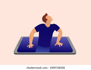 Flat style vector. The man tries to get out from the phone. Digital detox. Smartphone addiction. 