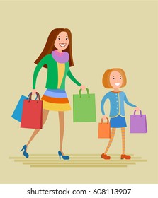 Flat style vector mother and daughter are shopping. They are dressed in fashionable colorful clothes