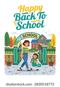 Flat style vector of a mother saying goodbye to her daughter at the school entrance gate. Perfect for back to school campaigns, family care, and earth themes