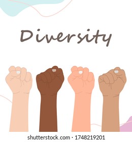 Flat style vector of multiracial fists hands up, Concept of unity, Revolution, Competition, Teamwork, Fight, Cooperation, Different colors.
