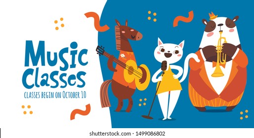 Flat style vector music classes advertisment poster or flyer design with cartoon animals playing music instruments and singing. Template for jazz concert, festival or music event in modern flat style.
