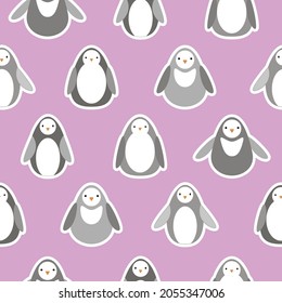 Flat style vector pattern with funny penguins on pink background. Cute backdrop and wrapping design.