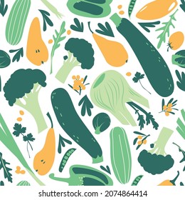 Flat style vector pattern with green and orange fruits and vegetables. Zucchini, fennel, beans, broccoli and pears repeating texture. Fresh organic vegan food on white background.