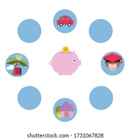 Flat style vector of piggy bank is a symbol of saving for future spending such as education, tourism, car and house for start a family. Illustration cartoon for finance concept. Blank circle for text.