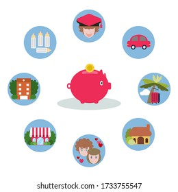 Flat style vector of piggy bank is a symbol of saving for future and start a family. Illustration cartoon for business and finance concept.