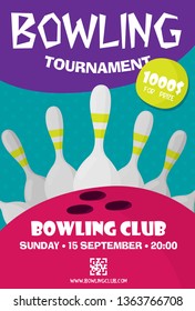 Flat style vector poster template for bowling tournament.