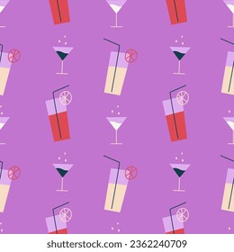 Flat style vector seamless pattern with martini and cocktail glasses on purple background. Concept for fabric and paper, surface textures.