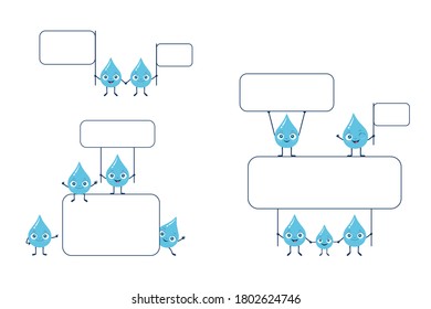 Flat style vector set of blue water drop characters holding up a sign board, sitting on the board and standing behind the board. Save the water theme. Save the planet theme. Good for poster, card, etc