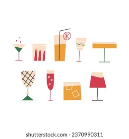 Flat style vector set with colorful cocktail glasses and alcoholic drinks on white background.
