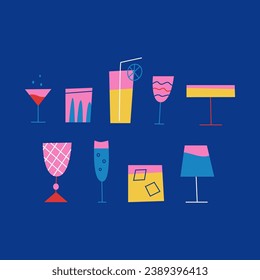 Flat style vector set with colorful cocktail glasses and alcoholic drinks on blue background.	