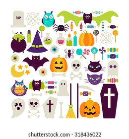 Flat Style Vector Set of Halloween Holidays Objects Isolated over White. Set of Scary October Autumn Halloween Holiday Colorful Objects. Bundle of Tricks and Treats Items. Design Elements