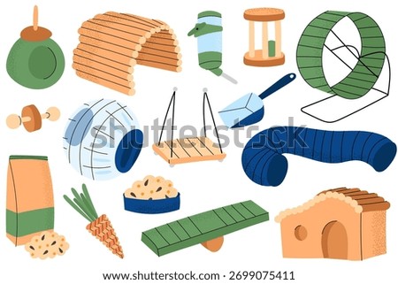 Flat style vector set of hamster accessories and supplies. Includes wheel, tunnel, cage toys, food, water bottle, and house. Perfect for pet shop, animal care and small pets designs.