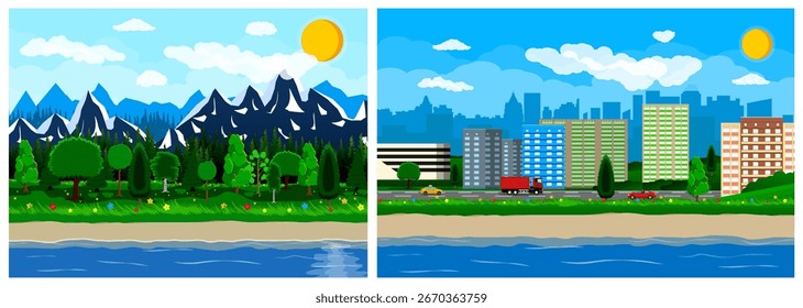 Vetor de estilo plano conjunto com paisagem horizontal da cidade e paisagem de montanha ao lado do mar ou rio, uma natureza e conceito urbano.