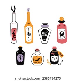 Flat style vector set with mysterious potion bottles on white background.