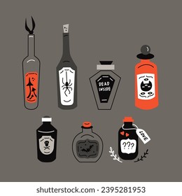 Flat style vector set with mysterious potion bottles on dark grey background.
