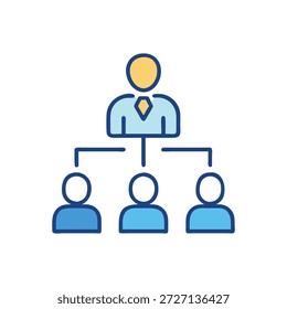 Vetor de estilo plano mostrando uma pessoa com três subordinados conectados. Descreve a organização corporativa e a estrutura de gerenciamento em relação ao Fundo Branco.