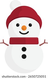 Flat Style Vector Snowman with Red Winter Hat and Scarf, Stick Arms, and Smiling Face for Christmas and Winter Design