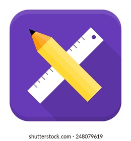 Flat style vector squared app icon. Pencil and ruler app icon with long shadow