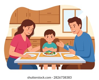 Flat style vector of a stubborn angry girl refusing to eat broccoli during family dinner time. Perfect for fussy eater guides, nutrition blogs, and parenting tips