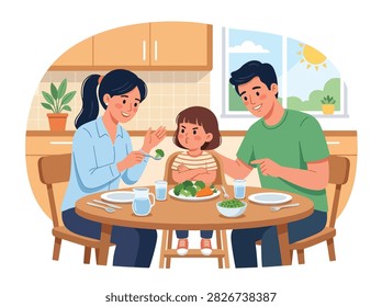 Flat style vector of a stubborn angry girl refusing to eat broccoli during family dinner time. Perfect for fussy eater guides, nutrition blogs, and parenting tips
