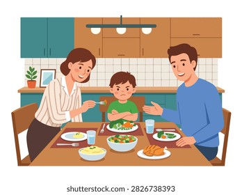 Flat style vector of a stubborn angry girl refusing to eat broccoli during family dinner time. Perfect for fussy eater guides, nutrition blogs, and parenting tips
