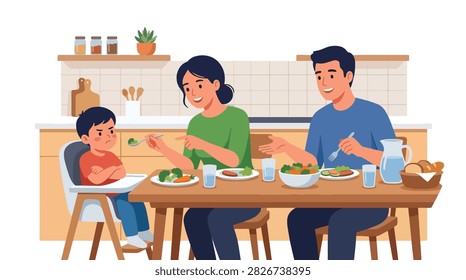 Flat style vector of a stubborn angry girl refusing to eat broccoli during family dinner time. Perfect for fussy eater guides, nutrition blogs, and parenting tips