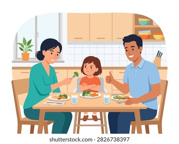 Flat style vector of a stubborn angry girl refusing to eat broccoli during family dinner time. Perfect for fussy eater guides, nutrition blogs, and parenting tips