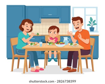 Flat style vector of a stubborn angry girl refusing to eat broccoli during family dinner time. Perfect for fussy eater guides, nutrition blogs, and parenting tips