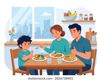 Flat style vector of a stubborn angry girl refusing to eat broccoli during family dinner time. Perfect for fussy eater guides, nutrition blogs, and parenting tips