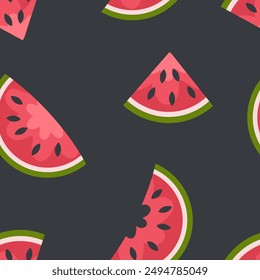 Flat style vector summer watermelon slices seamless pattern. Perfect art background for textile, fabric, paper, sale, card. Hand drawn illustration.


