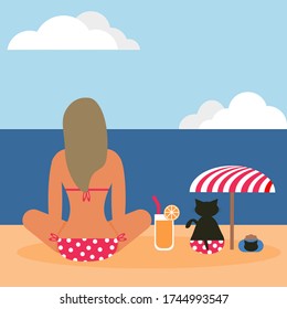 Flat style vector of a tan woman wearing a red and white polka dot bikini sitting at the sea on the summer beach with a drink. Her black cat was watching the sea under a umbrella with cat food.