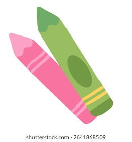 Flat style vector of two colorful crayons in pink and green. Perfect for school, kids, and education-related designs. Ideal for web, print, or educational content.