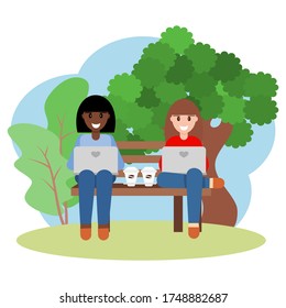 Flat style vector of two women in a friendship sitting and working with laptops on the bench in the park and their coffee cups. Illustration cartoon for black lives matter. Working, study together.