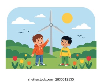 Flat style vector of two young boys observing a wind turbine in a green field. Perfect for clean energy education, environmental awareness, and Earth Day projects
