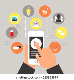 Flat style. Vector video marketing concept - video player on the screen of phone. Infographics design element. Marketing icons