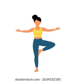 Flat style vector of a woman doing yoga in tree pose with one leg up and arms open. Suitable for wellness, spiritual, and healthy lifestyle conten