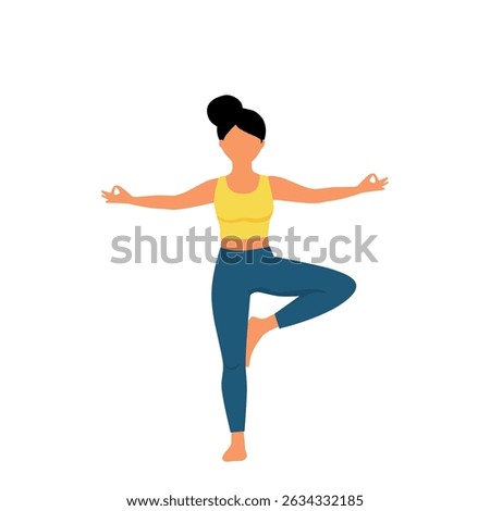 Flat style vector of a woman doing yoga in tree pose with one leg up and arms open. Suitable for wellness, spiritual, and healthy lifestyle conten