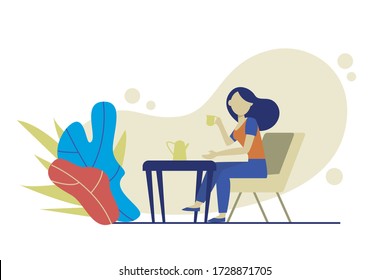 Flat style vector woman sitting with enjoying a cup of tea for break the fasting in Ramadan Holy Month