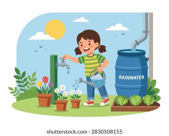 Flat style vector of a young kid turning off a water tap in a backyard garden. Perfect for water conservation campaigns, eco habits, and Earth Day illustration