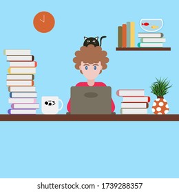 Flat style vector of a young man has a black cat on the head studying at home. Schoolboy learning from labtop  and many books. Illustration cartoon for stay at home and coronavirus Covid-19 concept.